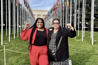 Kimberly Zieselman and ILGA colleague in front of the United Nations in Geneva