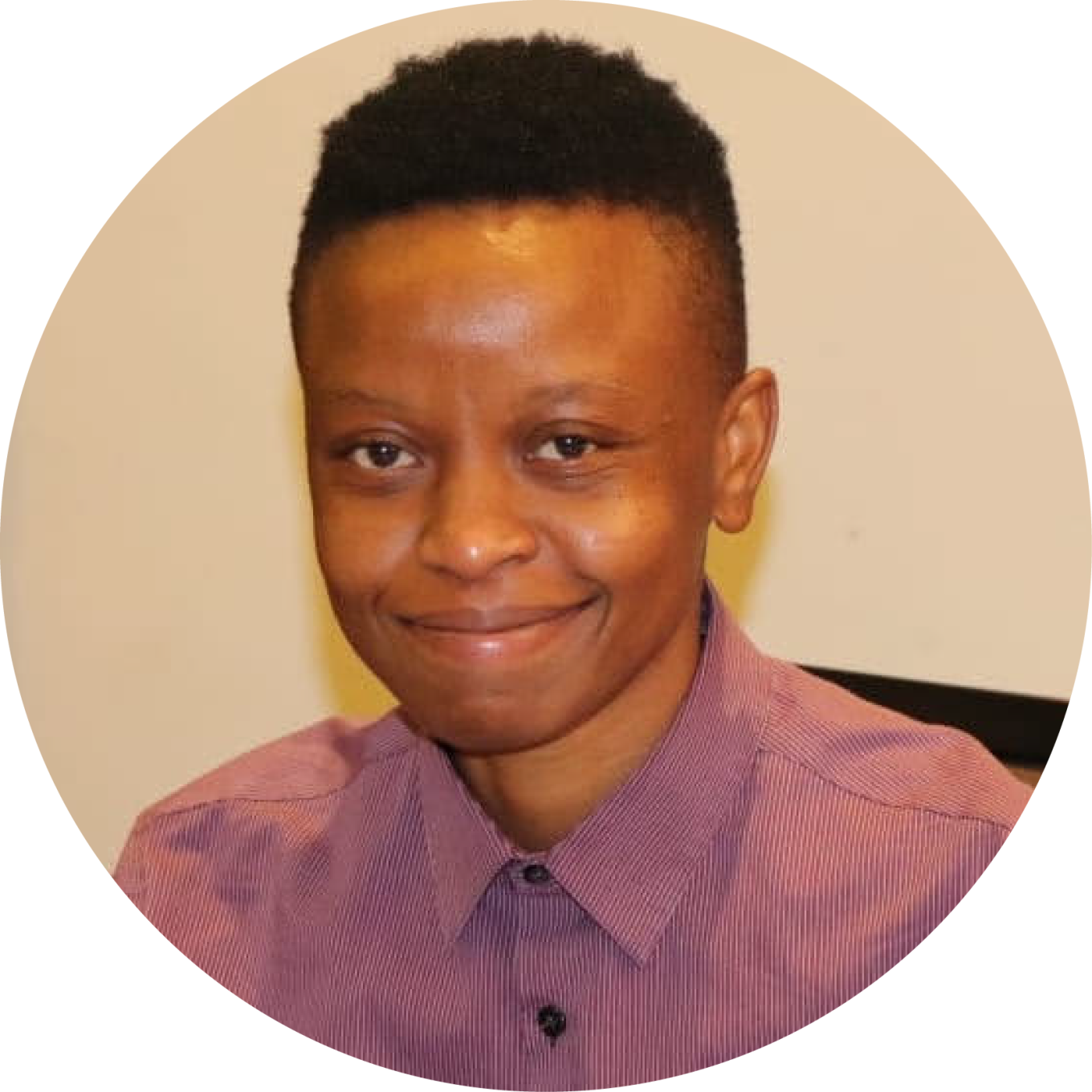 Laurah Arudi's headshot with light red collared shirt