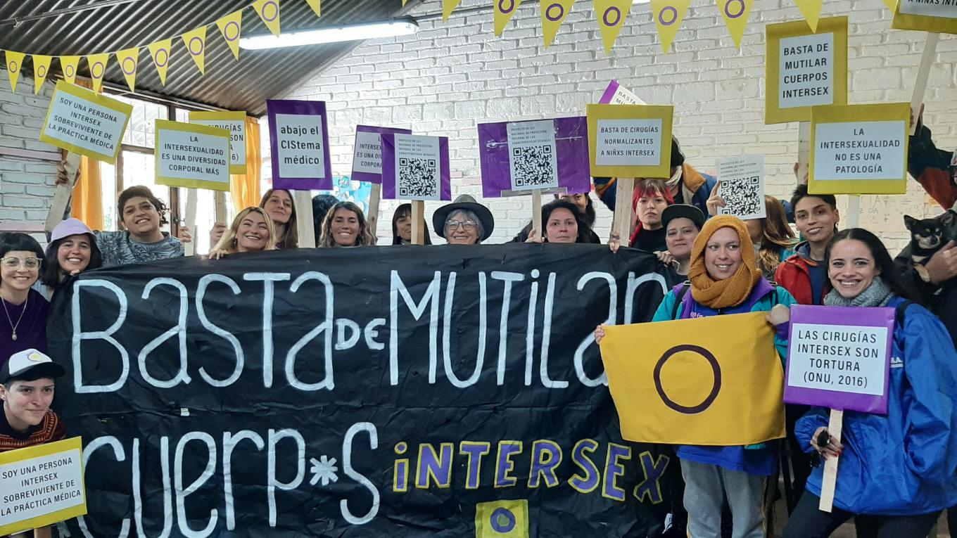 Intersex advocates and allies gather together with banners and posters in Argentina