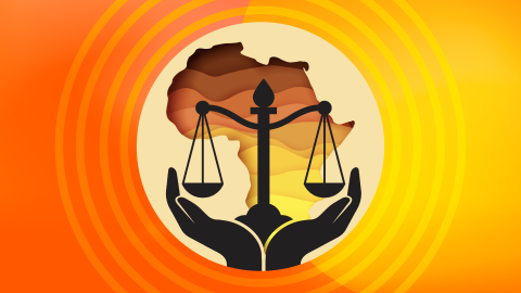 Orange and yellow graphic with a circle in the middle with an icon of hands holding scales of justice in front of a orange and brown outline of Africa